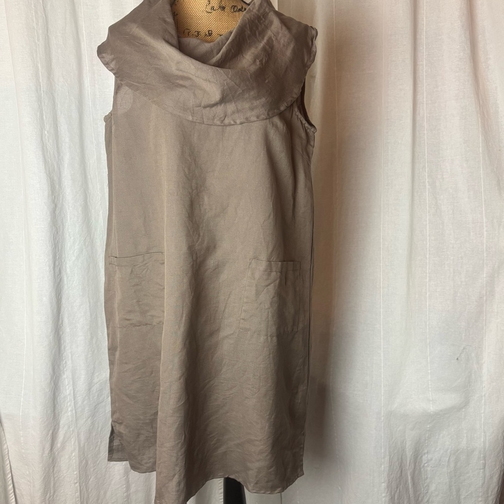 NWT Vasna Tan Linen Sleeveless Dress Lagenlook Wide Cowl Collar Sz XL Pockets